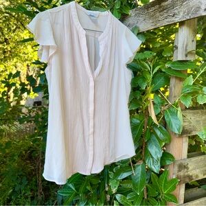 H&M Pale Pink Sheer Pleated Blouse Cap Sleeve Top Size 8